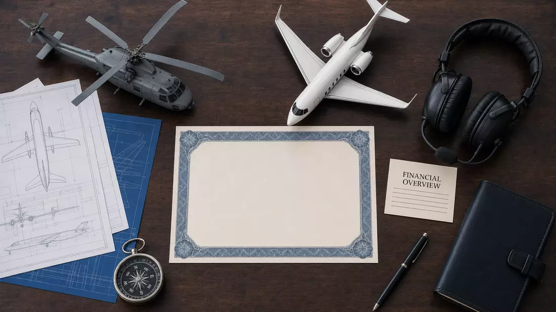 Flatlay mit Aktienzertifikat, ISIN-Karte, Modellflugzeug und technischen Zeichnungen von oben