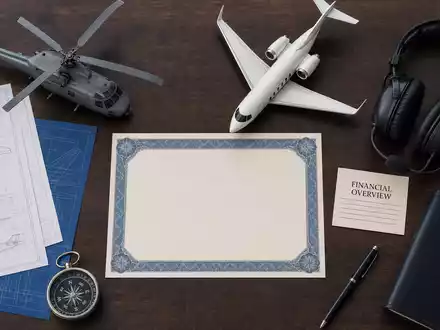 Flatlay-Fotografie zeigt Boeing Company (ISIN US0970231058) mit Aktienzertifikat, ISIN-Karte und diversen Luftfahrt-Utensilien angeordnet - Foto: THN