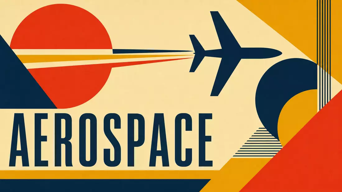 Geometrisches Bauhaus-Poster mit Flugzeugsilhouette und dem Wort AEROSPACE
