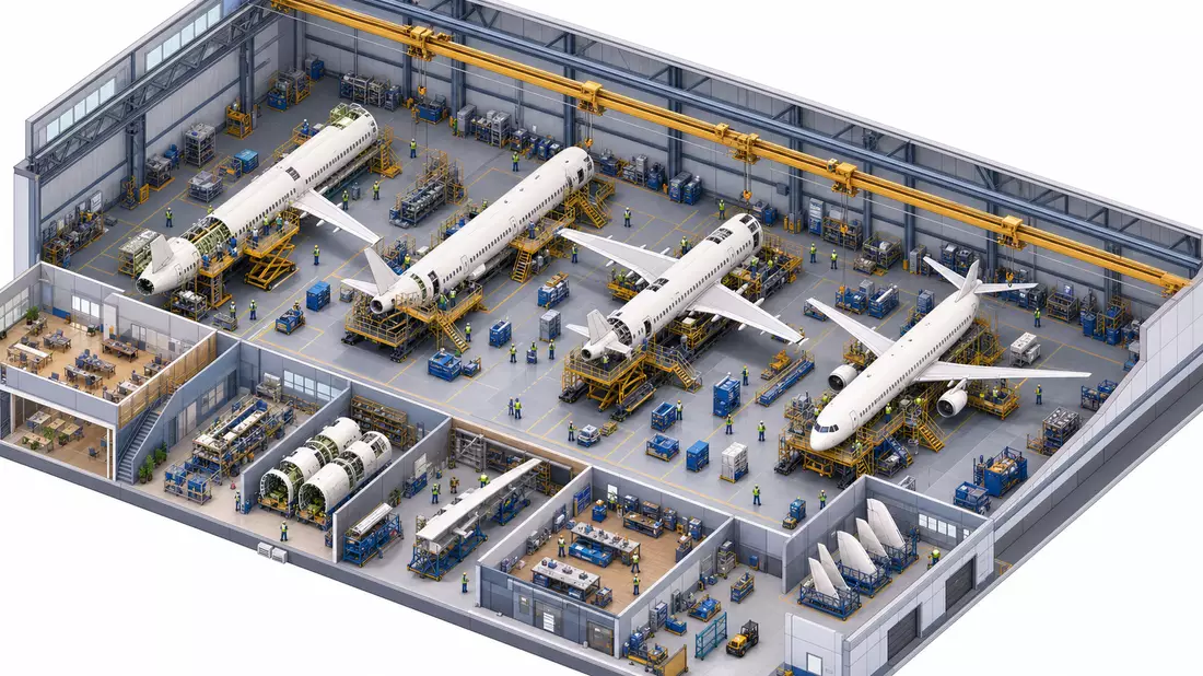 Isometrische 3D-Illustration einer Flugzeugfertigungshalle im Schnittansicht-Stil mit mehreren weiße