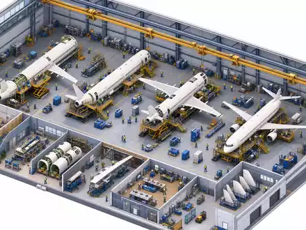 Boeing Produktionshalle US0970231058 als isometrische Illustration mit Rümpfen auf Montagegestellen und Werkstattbereich. - Foto: THN