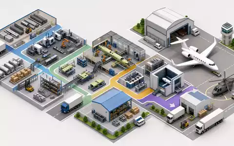 Isometrische 3D-Grafik zeigt Boeing Company (ISIN US0970231058) mit kompletter Wertschöpfungskette der Flugzeugfertigung und Auslieferung - Foto: THN