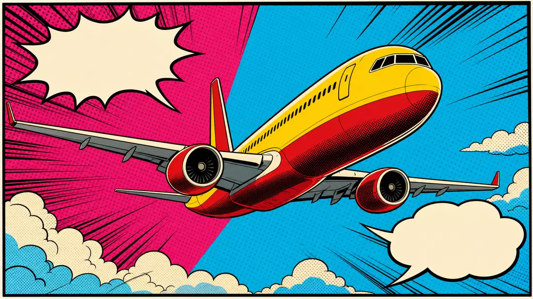Pop-Art-Comic-Illustration eines stilisierten Verkehrsflugzeugs in dynamischer Kurvenflugposition, f
