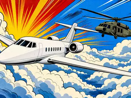 Pop-Art-Comic-Illustration zeigt Boeing Company (ISIN US0970231058) mit stilisiertem generischem Flugzeug hoch am bewölkten Himmel - Foto: THN