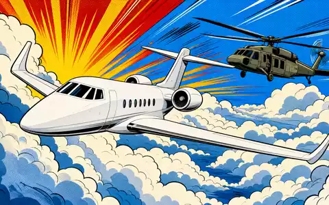 Pop-Art-Comic-Illustration zeigt Boeing Company (ISIN US0970231058) mit stilisiertem generischem Flugzeug hoch am bewölkten Himmel - Foto: THN