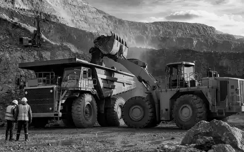 Dokumentarische Schwarzweiß-Reportage zu Caterpillar Inc. (ISIN US1491231015), Bergbau-Kipper im Tagebau mit Arbeitern - Foto: THN