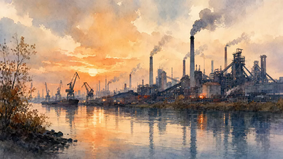 Aquarellbild einer Fabrikskyline mit Schornsteinen und Kränen bei Sonnenuntergang