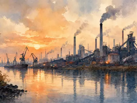 Aquarellmalerei einer Industrieanlage passend zu Caterpillar Inc. (ISIN US1491231015), Fabrikskyline an einem Fluss - Foto: THN