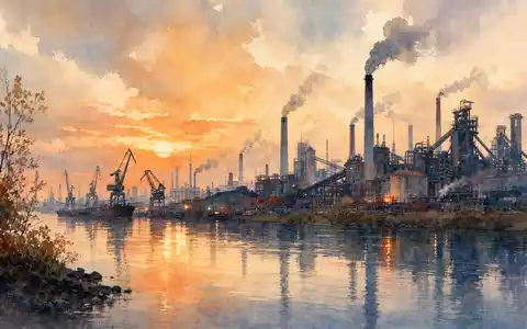 Aquarellmalerei einer Industrieanlage passend zu Caterpillar Inc. (ISIN US1491231015), Fabrikskyline an einem Fluss - Foto: THN