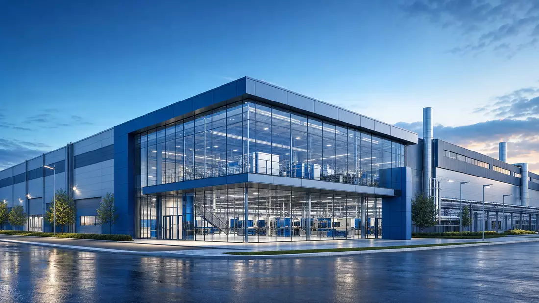 Architekturvisualisierung einer modernen Industriehalle mit Glasfassade in Blau-Silber