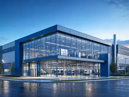 Architektur-Render einer modernen Fabrikanlage für Caterpillar Inc. (ISIN US1491231015), Glasfassade in Blau und Silber - Foto: THN