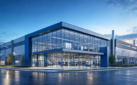 Architektur-Render einer modernen Fabrikanlage für Caterpillar Inc. (ISIN US1491231015), Glasfassade in Blau und Silber - Foto: THN