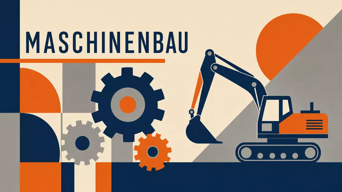 Geometrisches Bauhaus-Poster mit stilisiertem Bagger, Zahnrädern und Schriftzug Maschinenbau