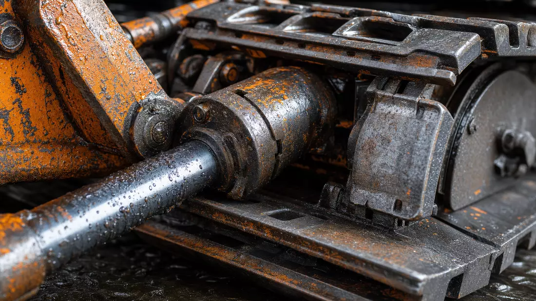 Makroaufnahme von Stahlkette und Hydraulikkolben einer Baumaschine mit Öltropfen