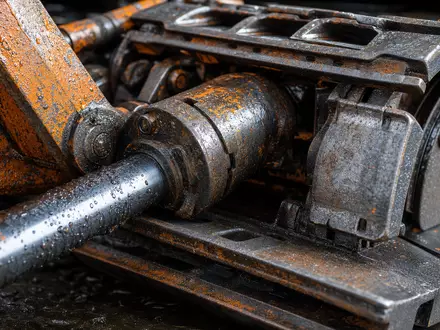 Makroaufnahme von Maschinenbauteilen passend zu Caterpillar Inc. (ISIN US1491231015), Kettenglied und Hydraulikkolben - Foto: THN