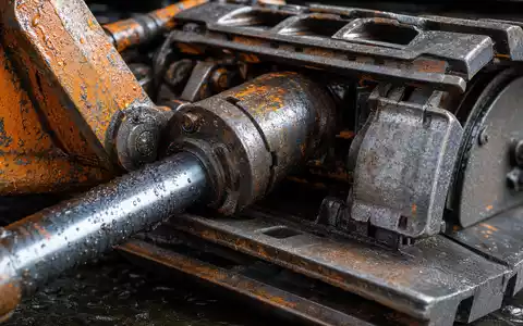 Makroaufnahme von Maschinenbauteilen passend zu Caterpillar Inc. (ISIN US1491231015), Kettenglied und Hydraulikkolben - Foto: THN
