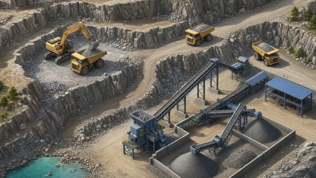 Isometric 3D illustration of a quarry mining operation viewed from 45 degrees above, terraced rock w