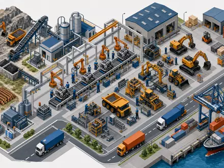 Isometrische 3D-Illustration der Wertschöpfungskette für Caterpillar Inc. (ISIN US1491231015), von Rohstoff bis Logistik - Foto: THN