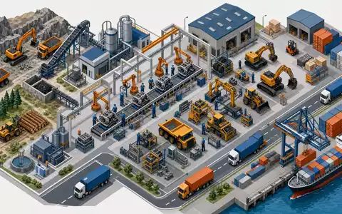 Isometrische 3D-Illustration der Wertschöpfungskette für Caterpillar Inc. (ISIN US1491231015), von Rohstoff bis Logistik - Foto: THN