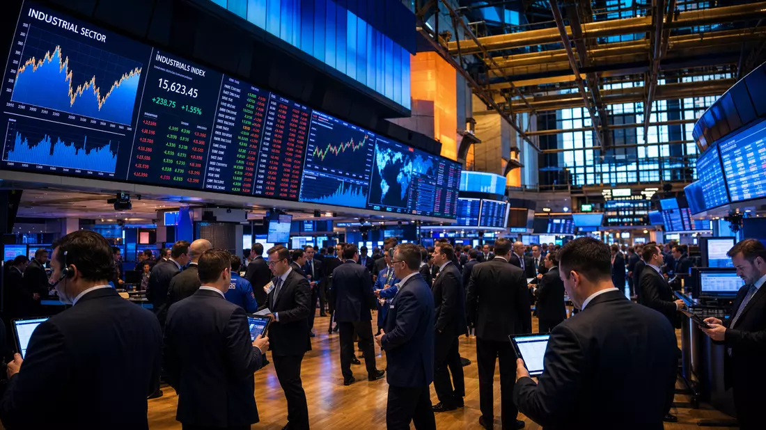 Trading-Floor mit Bildschirmen und Charts des Industriesektors, Trader in Anzügen