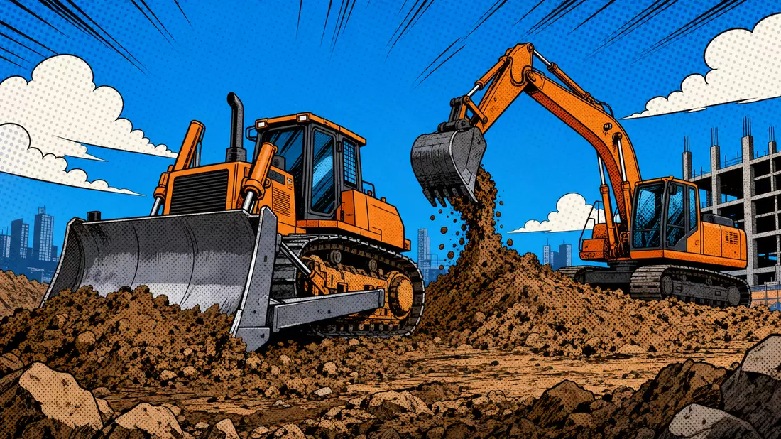 Comicstil-Illustration von Bulldozer und Bagger auf Baustelle mit Halbtonpunkten