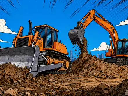 Pop-Art-Comic-Illustration passend zu Caterpillar Inc. (ISIN US1491231015) mit Bulldozer und Bagger auf Baustelle - Foto: THN