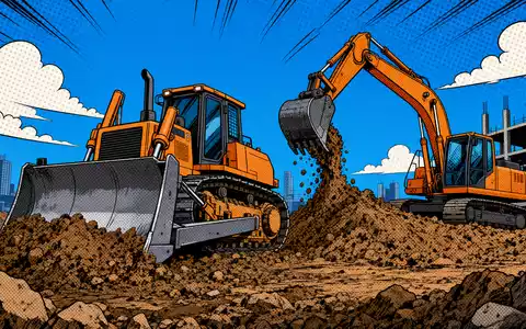 Pop-Art-Comic-Illustration passend zu Caterpillar Inc. (ISIN US1491231015) mit Bulldozer und Bagger auf Baustelle - Foto: THN