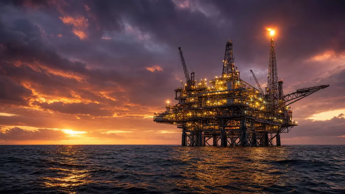 Photorealistic offshore oil drilling platform in the Pacific Ocean at dusk, dramatic storm clouds illuminated by orange and purple twilight, platform lights reflecting on dark choppy water