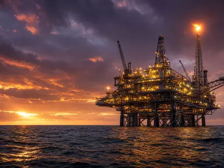 Chevron Corporation US1667641005 betreibt Offshore-Ölplattformen im Pazifik bei dramatischer Abenddämmerung mit Sturmwolken - Foto: THN