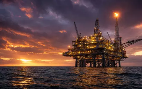 Chevron Corporation US1667641005 betreibt Offshore-Ölplattformen im Pazifik bei dramatischer Abenddämmerung mit Sturmwolken - Foto: THN