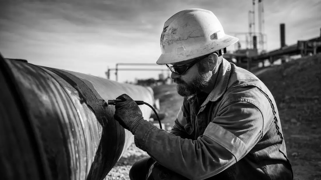 Black and white documentary photojournalism of a pipeline worker in hard hat and safety gear, holding inspection tool examining a large industrial pipe, outdoor industrial site with dramatic contrast lighting