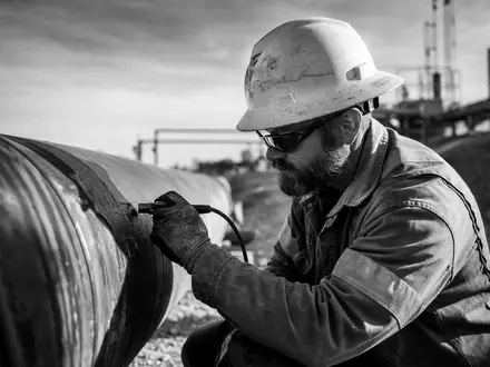 Chevron US1667641005 setzt erfahrene Techniker für Pipeline-Inspektion mit Helm und Werkzeug dokumentarisch ein - Foto: THN