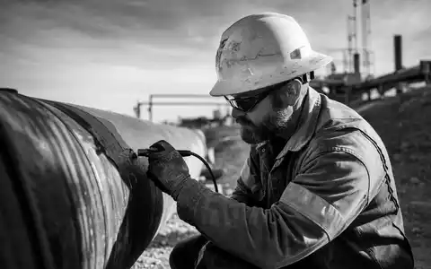 Chevron US1667641005 setzt erfahrene Techniker für Pipeline-Inspektion mit Helm und Werkzeug dokumentarisch ein - Foto: THN