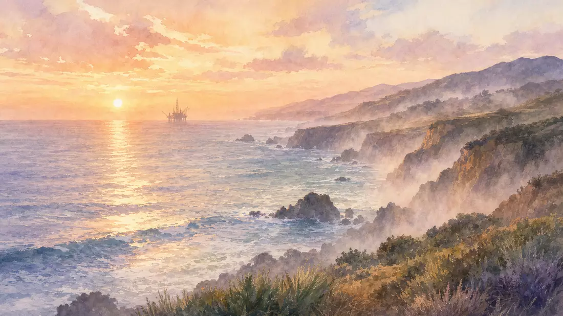 Soft watercolor painting of the California coastline at golden hour with a distant oil rig silhouette on the horizon, gentle pastel tones of peach lavender pale blue and sage green, coastal cliffs and sea mist