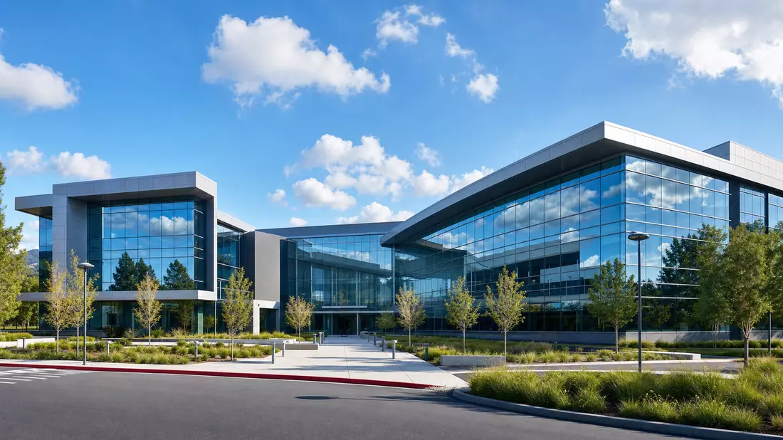 Architectural photography of a modern energy company headquarters with sleek glass facade, contemporary low-rise corporate campus with manicured landscaping, clean geometric architecture, professional exterior daytime shot