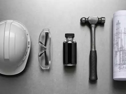 Chevron US1667641005 nutzt industrielles Equipment wie Helm, Schutzbrille, Rohölprobe, Hammer und Bauplan täglich - Foto: THN