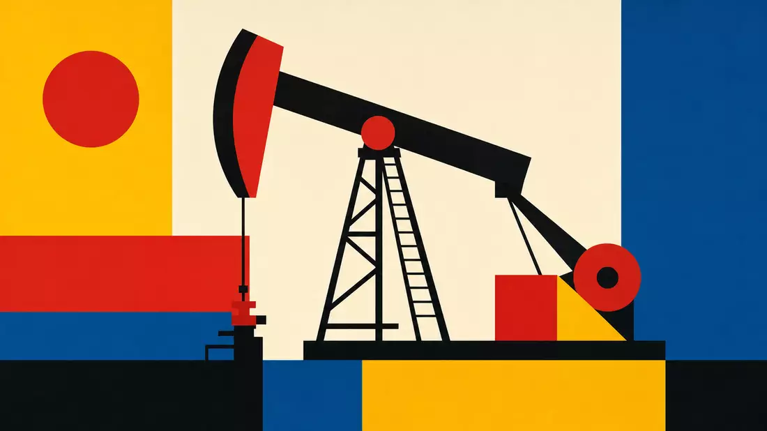 Bauhaus style geometric minimalist silhouette of an oil pump jack with bold primary colors red yellow blue and black, flat geometric shapes, constructivist composition, no gradients, industrial machinery as pure geometric forms