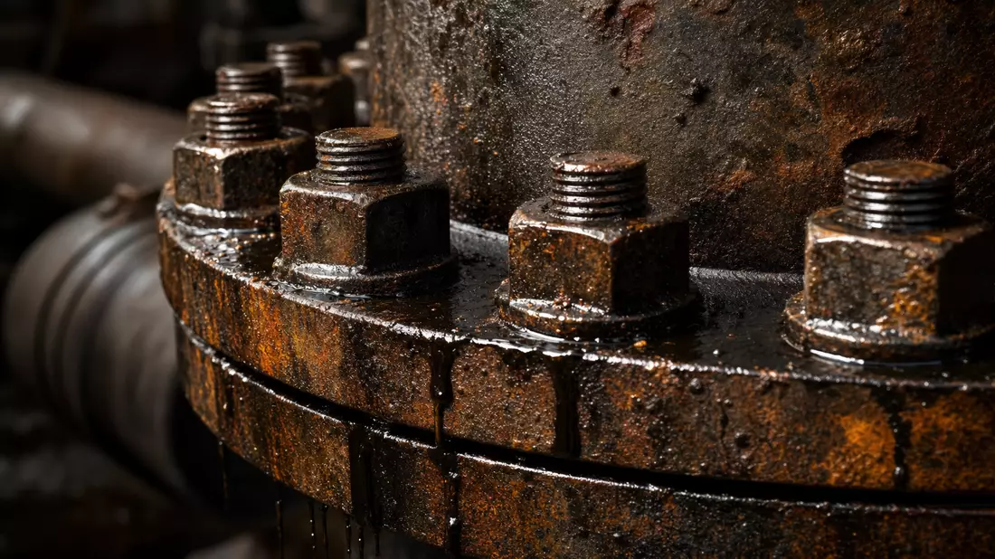 Extreme macro photography of an industrial pipeline flange with large hex bolts in circular pattern, black crude oil seeping between steel surfaces, rust and corrosion texture, dramatic side lighting with shallow depth of field