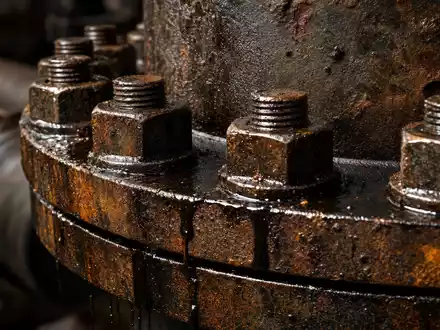 Chevron US1667641005 verwendet robuste industrielle Rohrleitungsflansche mit schwarzem Rohöl an kritischen Stahlverbindungen - Foto: THN