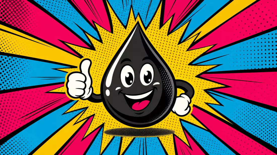 Pop art comic book style illustration of a stylized oil droplet character with bold black outline, B
