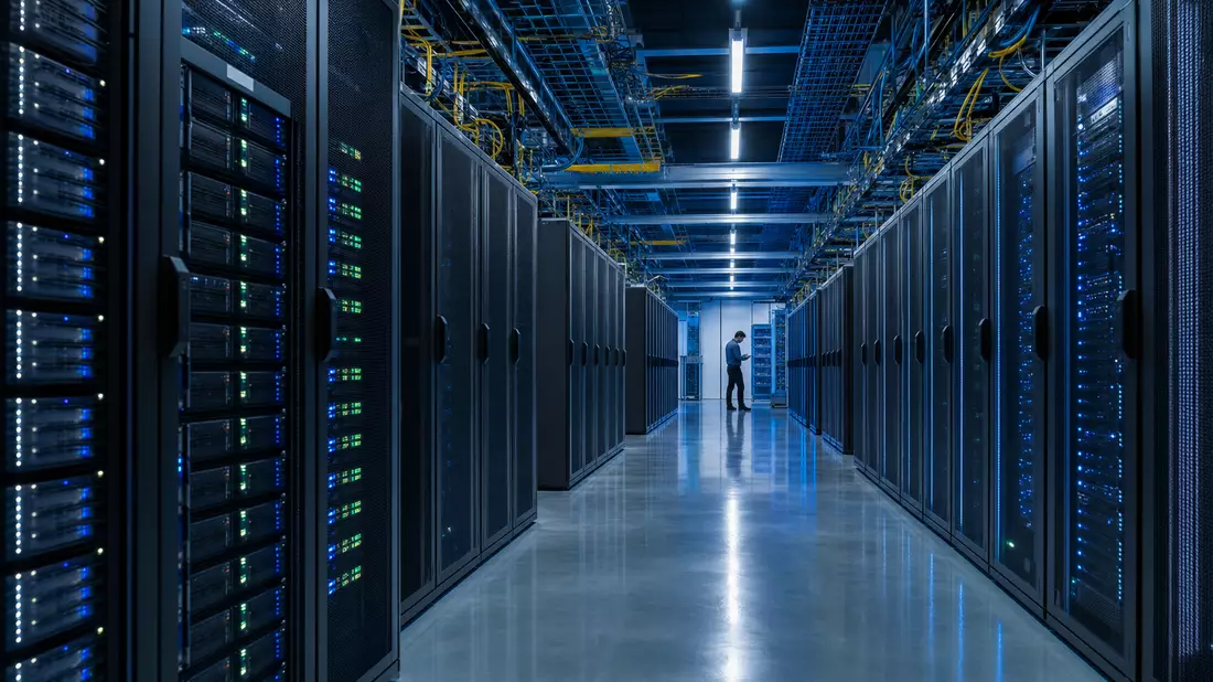 Rechenzentrum-Korridor mit Serverracks und Techniker, Symbolbild für Cisco Systems Inc
