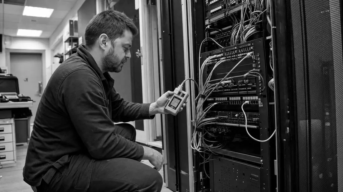 Black and white documentary photograph of a network technician crouching beside an open rack cabinet
