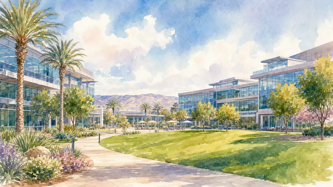 Aquarell-Illustration eines Bürocampus mit Palmen in San Jose, Symbolbild für Cisco Systems Inc