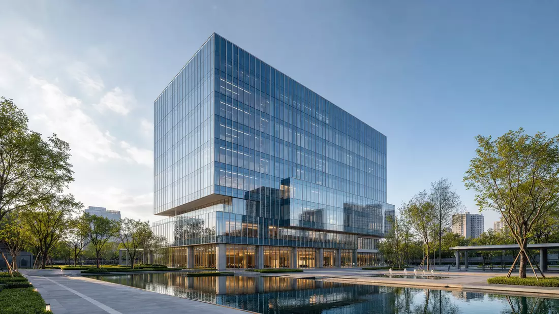 3D-Architekturvisualisierung eines modernen Glasturms mit Wasserbecken, Symbolbild für Cisco Systems Inc
