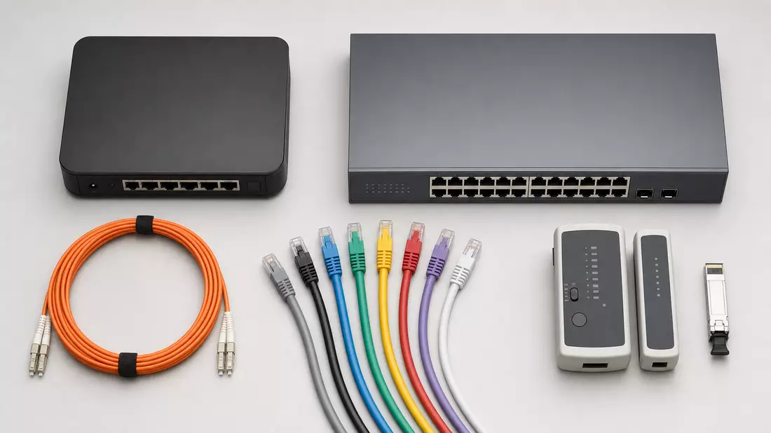 Overhead flat lay of unbranded network hardware on light gray desk: compact router, managed ethernet