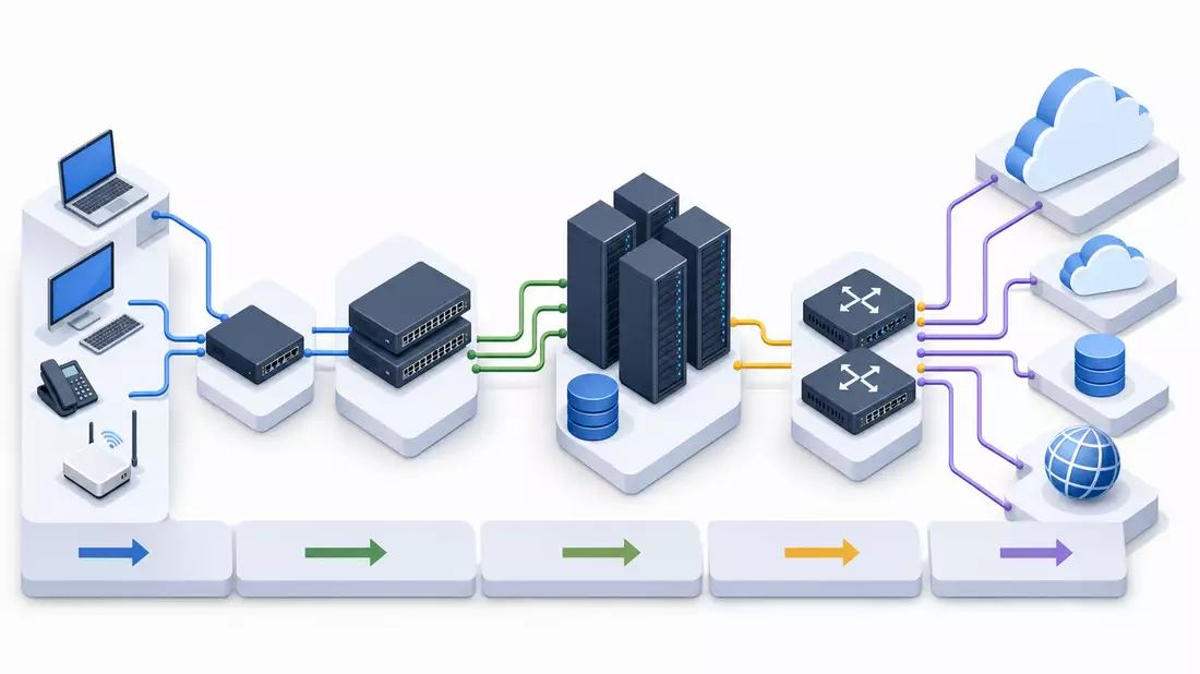 Isometrisches Diagramm einer Netzwerkinfrastruktur mit Servern und Cloud, Symbolbild für Cisco Systems Inc