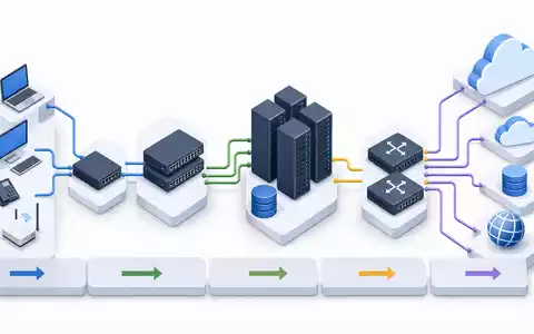 Isometrische 3D-Grafik der Netzwerk-Wertschöpfungskette veranschaulicht das Geschäftsmodell von Cisco Systems Inc., ISIN US17275R1023 - Foto: THN
