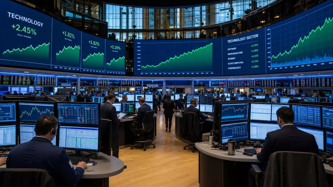Trading-Floor mit Charts der Technologiebranche und Nasdaq-Schriftzug, Symbolbild für Cisco Systems Inc