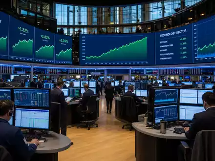 Börsen-Editorialbild eines Nasdaq-Handelsraums mit Technologie-Charts symbolisiert die Marktnotierung von Cisco Systems Inc., ISIN US17275R1023 - Foto: THN