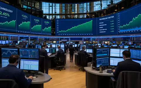 Börsen-Editorialbild eines Nasdaq-Handelsraums mit Technologie-Charts symbolisiert die Marktnotierung von Cisco Systems Inc., ISIN US17275R1023 - Foto: THN